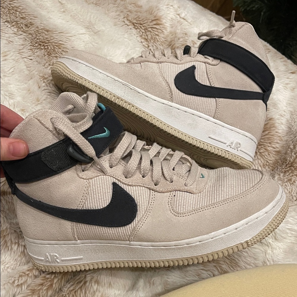 Beige High-Top Nike Air Force 1’s with Teal and Black Accents
